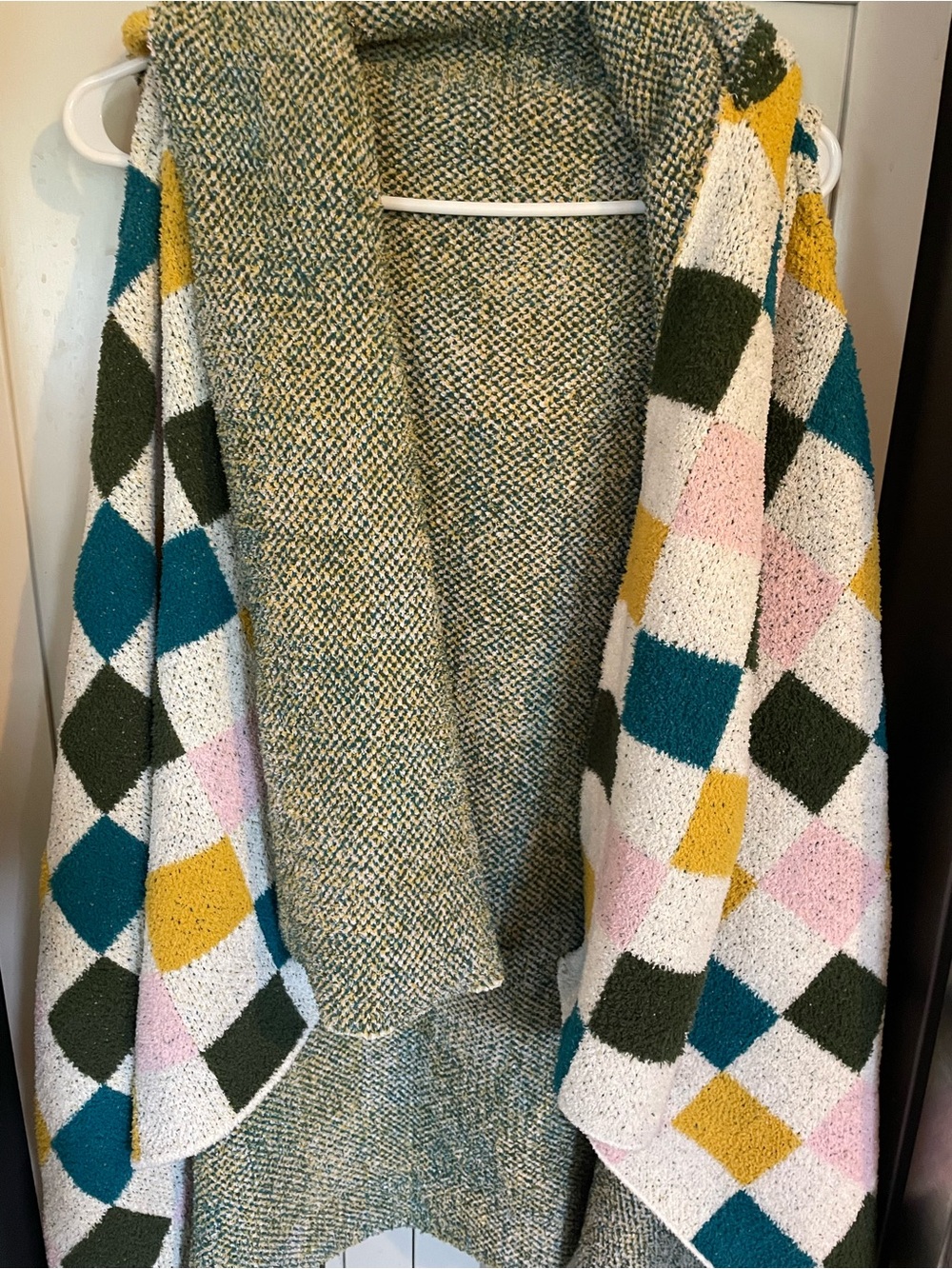 Open-Front Diamond-Pattern Cape Cardigan in Teal, Olive & Pink